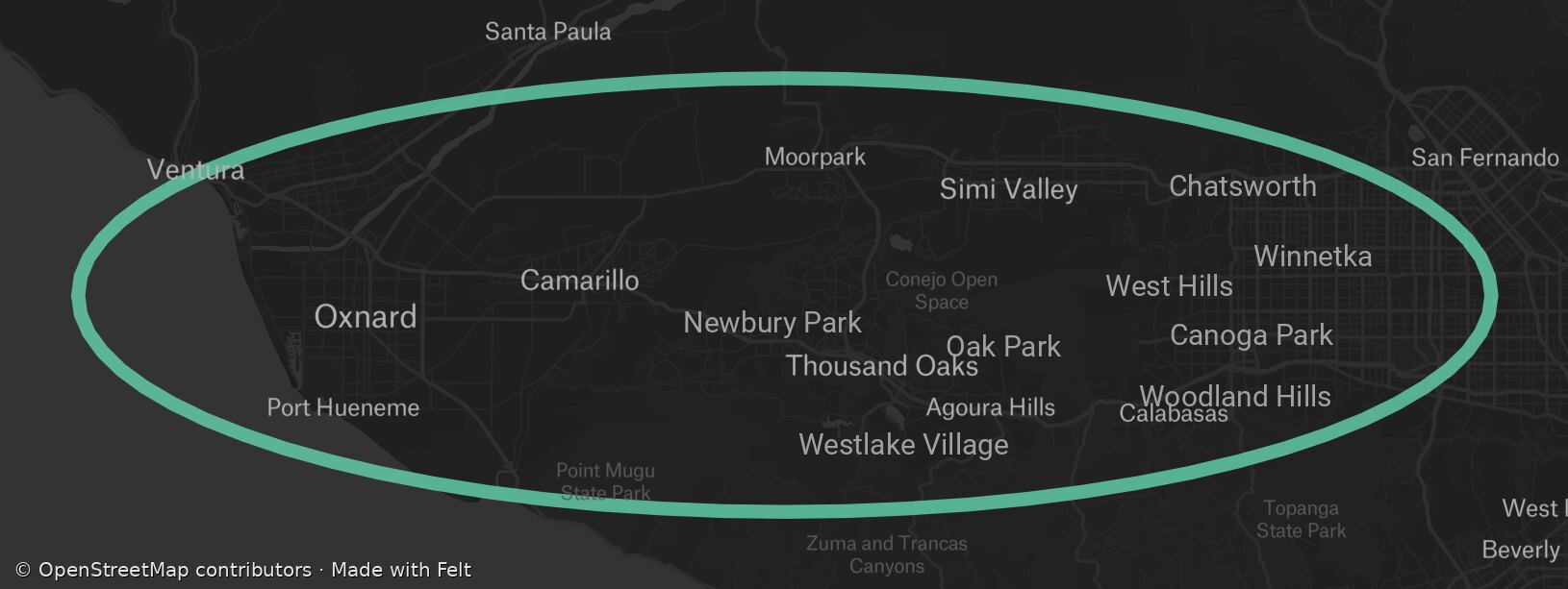 Map of the Kraken Locks & Safes service area — a roughly 33 km (20 mi) radius around the Conejo Valley covering Ventura, Oxnard, Camarillo, Moorpark, Simi Valley, Thousand Oaks, Newbury Park, Oak Park, Westlake Village, Agoura Hills, Calabasas, and the west San Fernando Valley (Woodland Hills, Canoga Park, West Hills, Winnetka, Chatsworth).
